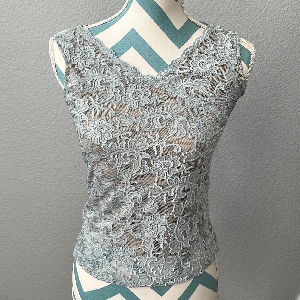 Hanky Panky lined blue/green lace tank top, size small